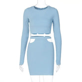 Set Knitted Long Sleeve Crop Tops High Waist Skirt